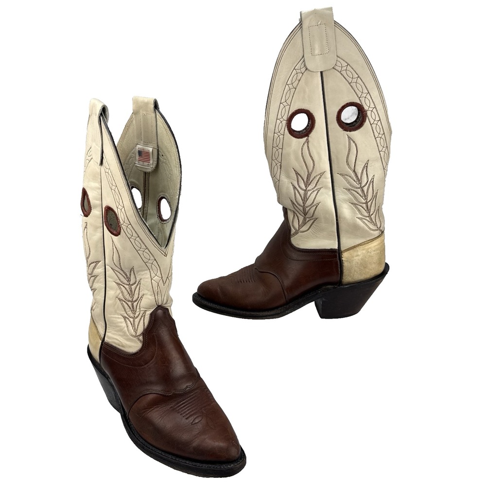 Olathe Vintage Buckaroo Western Cowboy Boots Size 8 Cream Brown Leather Made USA